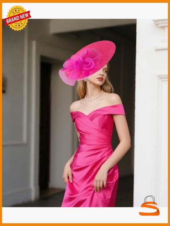 Wide Brim Fascinator Derby Hat with Detachable Flower Headband main image 5